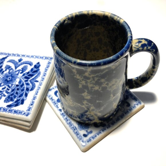 Set of 4 Vintage Blue + White Ceramic Tiles - Picture 9 of 9